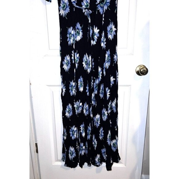 Vintage 90S AMERICAN ANGEL Navy Floral Crinkle Maxi Dress Goth Cottagecore - Picture 10 of 11